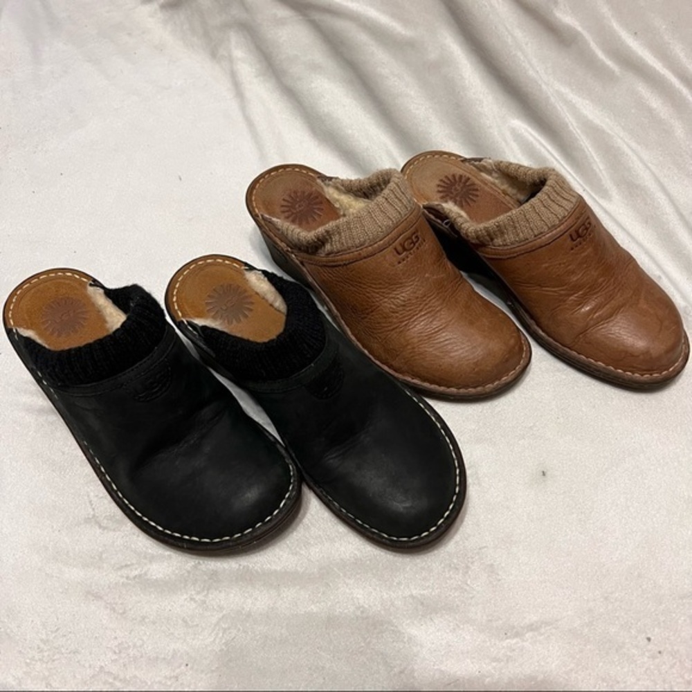 UGG Leather Gael Mule Knit Cuff Lined Slip On Bundle Wedge Shoes Clogs 8